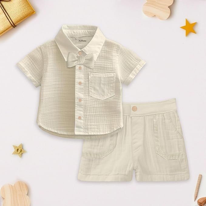 Linen Shirt & Pant Co-ord Set for Kids | Elegant & Comfortable Summer Wear | Stylish Short-Sleeve Shirt with Bow & Comfy Shorts